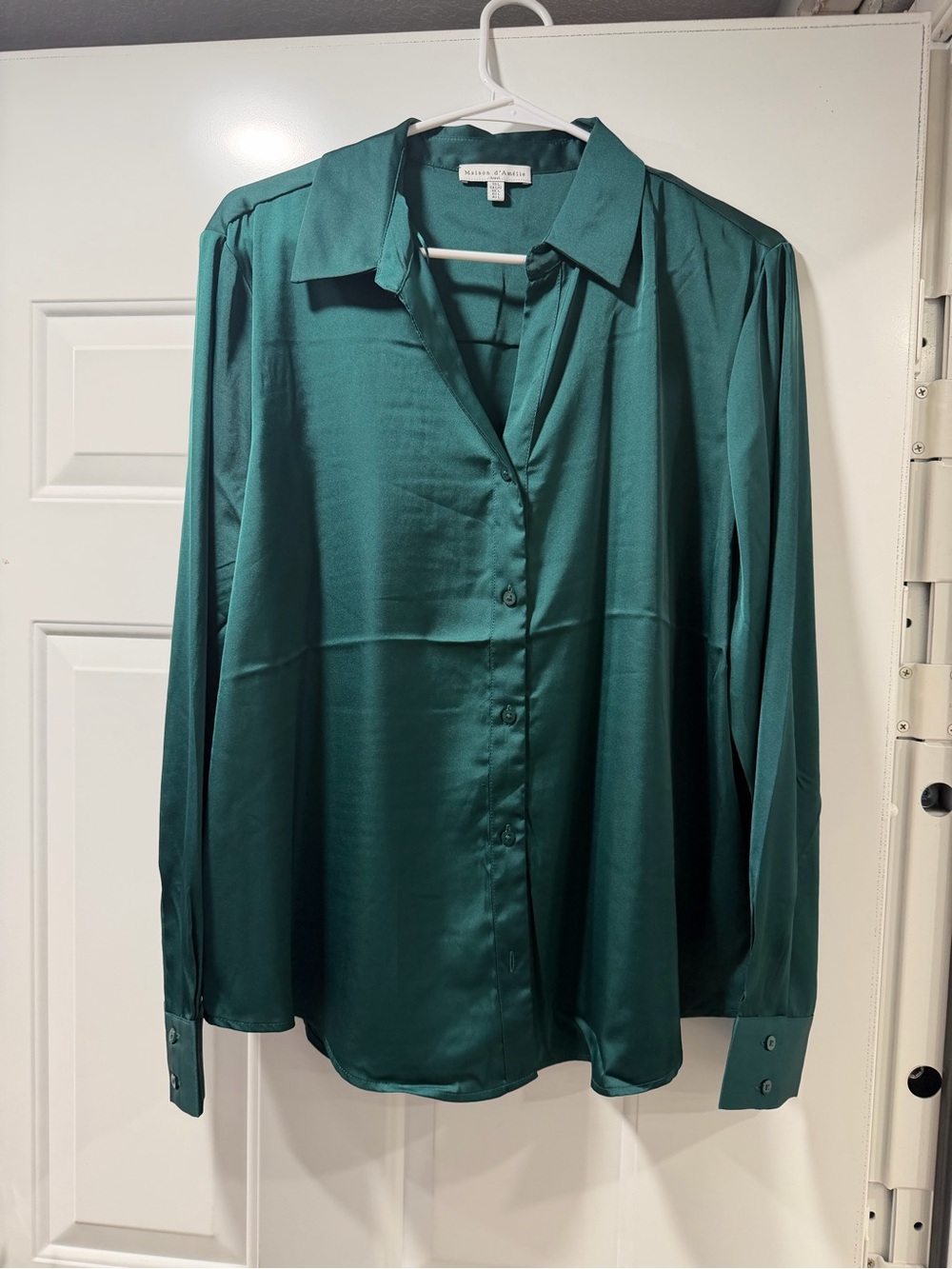 Maison dAmelie Emerald Green Satin Button-Down Blouse